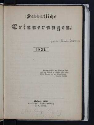 Sabbatliche Erinnerungen, 1852 / [Paulus Cassel]