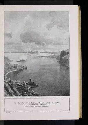 Der Gardasee mit der Bucht von Malcesine und der italienischen Insel=Batterie Trimelone. : Originalzeichnung von Prof. M. Zeno Diemer.
