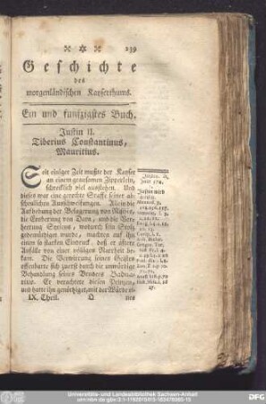 Ein und funfzigstes Buch. Justin II. Tiberius Constantinus, Mauritius.