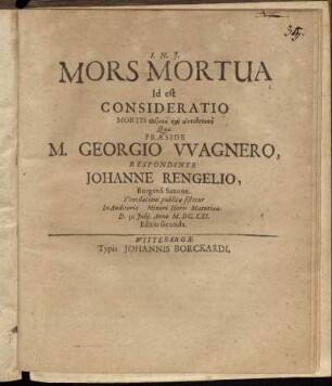 Mors Mortua Id est Consideratio Mortis thetikē kai antithetikē