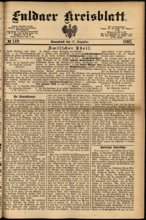 Erste Ausgabe vom Samstag, den 17. Dezember 1892.