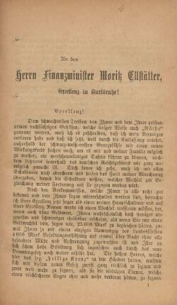An den Herrn Finanzminister Moritz Ellstätter, Excellenz in Karlsruhe!
