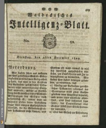 No. 52. Dienstag, den 26ten December 1809