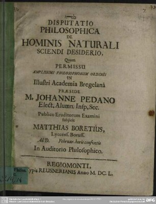 Disputatio philosoph. De hominis naturali sciendi desiderio