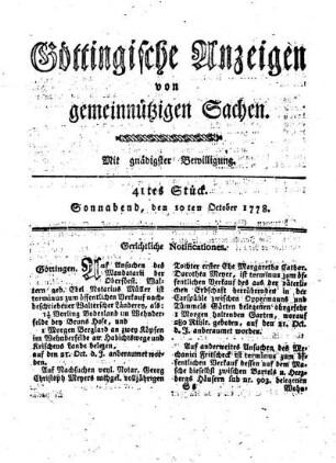 41tes Stück. Sonnabend, den 10ten October 1778.