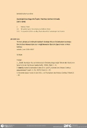 Manuskript „Zbytki illyrskeje rěcy we městosćach Chóśebuskego kraja“ (Reste der illyrischen Sprache in der Cottbuser Landschaft)
