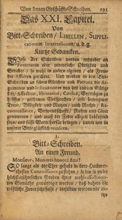 Das XXI. Capitel. Von Bitt-Schreiben / Libellen, Supplicationen / Intercessionen/ u.d.g.