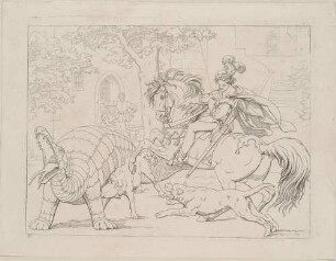 Zu Schillers "Der Kampf mit dem Drachen", Blatt 8: Der Ritter trainiert Pferd und Hunde an der Nachbildung des Drachen