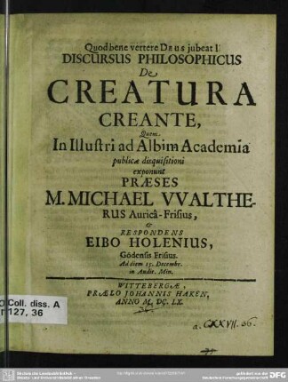 Discursus philosophicus de creatura creante