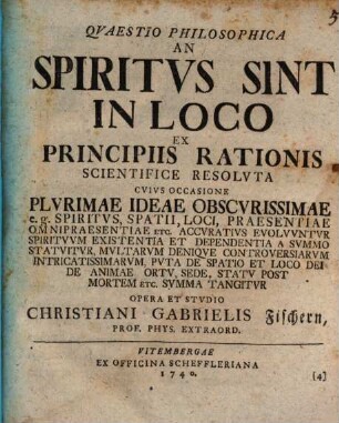 Quaestio philosophica An spiritus sint in locoex principiis rationis scientifice resoluta