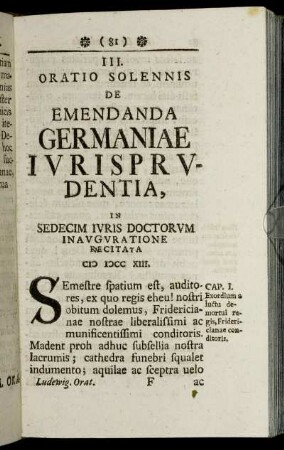 III. Oratio Solennis De Emendana Germaniae Iurisprudentia.
