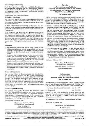 Hinweise zur Vorbereitung der schriftlichen Abschluß- und Reifeprüfungen in den Fächern Deutsche Sprache und Literatur, Mathematik, Physik, Chemie und Biologie : vom 3. Januar 1985