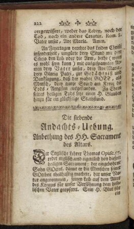 Die siebende Andachts-Uebung. Anbethung des HH. Sacrament des Altars.
