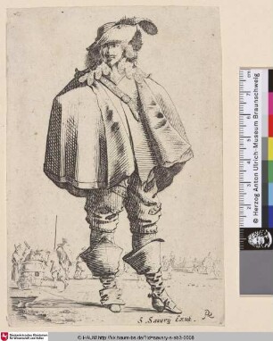 [Kavalier auf dem Eis vor einem Fass und Schlitten; Cavalier standing on ice before a barrel and sleigh]