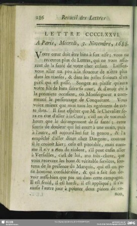 Lettre CCCCLXXVI. A Paris, Mécredi, 3. Novembre, 1688