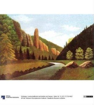 Landschaftsbild mit Flußtal und Felsen.