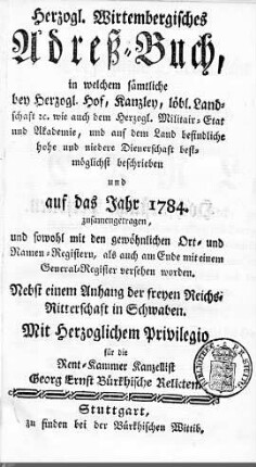 1784: Württembergisches Adressbuch, 1784