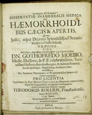Dissertatio Inauguralis Medica De Haemorrhoidibus Caecis & Apertis