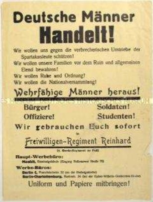 Aufruf zum Eintritt in das Freiwilligen-Regiment Reinhard im Zuge des Januaraufstandes 1919