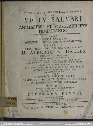 Dissertatio Inauguralis Medica De Victu Salubri Ex Animalibus Et Vegetabilibus Temperando