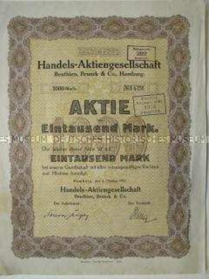 Aktie der Handels-Aktiengesellschaft Benthien, Brunck und Co. über 1000,- Mark mit 3 Blöcken Gewinnanteilscheine