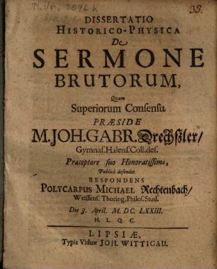 Dissertatio Historico-Physica De Sermone Brutorum