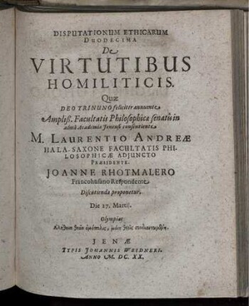 Disputationum Ethicarum Duodecima De Virtutibus Homiliticis [...]