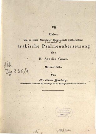 Ueber die in einer Münchner Handschrift aufbehaltene arabische Psalmenübersetzung des R. Saadia Gaon : mit einer Probe