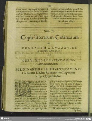Num. 11. Copia litterarum Caesarearum Ad Conradum A Luzzau, De 6. Augusti Anni 1641