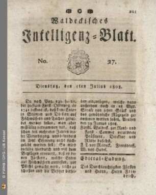 No. 27. Dienstag, den 5ten Julius 1808