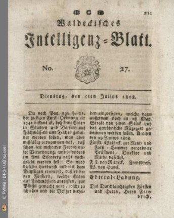 No. 27. Dienstag, den 5ten Julius 1808