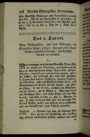 Das 8. Capitel. Vom Blasenziehen, oder vom Gebrauch der Spanischen Fliegen.