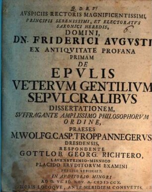 Dissertatio ex antiquitate profana prima, de epulis veterum gentilium sepulchralibus