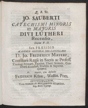 Jo. Sauberti Catechismi Minoris Et Maioris Divi Lutheri Recensio, Cuius P. II.