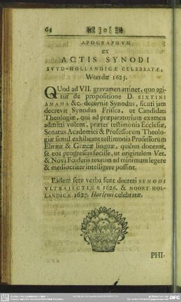 Apographum ex Actis Synodi Svyd-Hollandicae Celebratae, Woerdae 1625