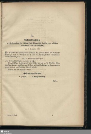 A. Bekanntmachung, die Versammlung der Stände des Königreichs Sachsen zum nächsten ordentlichen Landtage betreffend