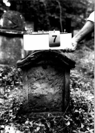 Grabstein 7 (Index: 100109212) Material: Sandstein Zustand: verwittert, Schriftplatte fehlt Maße HxBxT: 63x43x12 cm Beschreibung: Stele, Sockel, Konvexbogenabschluß mit Verdachung: Grabstein 7