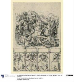 Biblische Szene, unten vier Wappen von Engeln gehalten.