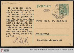 Nachlass Gustav Radbruch. Korrespondenz Hermann Kantorowicz/Gustav Radbruch: Karte von Hermann Kantorowicz an Gustav Radbruch