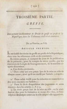 Troisième partie. Greffe. Dritter Theil. Kanzeley-Gebühren