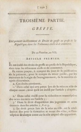 Troisième partie. Greffe. Dritter Theil. Kanzeley-Gebühren