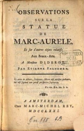 Observations sur la statue, de Marc-Aurele : Et sur d'autres objets relatifs Aux Beaux -Arts