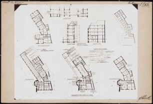 Mehrfamilienwohnhaus am Burgtor, Lübeck. Mit Bierlokal, Biergarten, Kegelbahn etc.: (verkleinert) Grundriss 1:200: Keller, Erdgeschoss, I., II. und III. Obergeschoss, Dachgeschoss; Längsschnitt 1:200; zwei Querschnitte 1:200