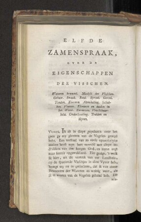 Elfde Zamenspraak, over de Eigenschappen der Visschen.