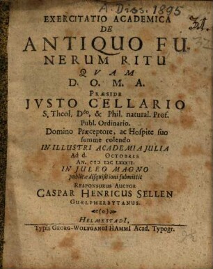Exercitatio Academica De Antiquo Funerum Ritu
