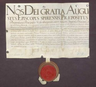 Lehenbrief des Bischofs August zu Speyer für den Abt Anselm des Klosters Schwarzach am Rhein über die dem Kloster zugehörigen von dem Bistum Speyer lehenbaren Rechte und Gerechtsame