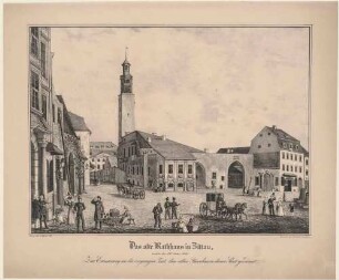 Das seit 1757 zerstörte alte Rathaus am Marktplatz in Zittau in der Oberlausitz 1840 vor dem Beginn des Neubaus