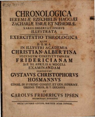 Chronologia Jeremiae, Ezechielis, Haggaei ... variis observationibus illustrata