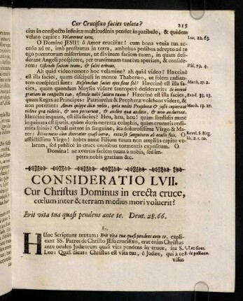 215-222, Consideratio LVII. Cur Christus Dominus in erecta cruce, coelum inter & terram medius mori voluerit? Consideratio LVIII. Cur Salvator mundi nudus in cruce pendere, & nudus mori pro nobis voluerit?