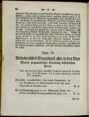 Num IX. Alphabetisches Verzeichniß aller in den Vier Theilen gegenwärtiger Samlung befindlichen Piecen.